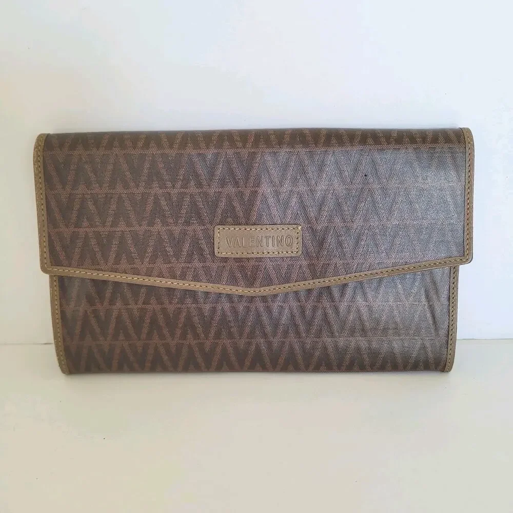 Valentino Vintage Bifold Logo Brown Wallet Large Vintage Envelope Italian Retro